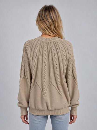 Women's Cable Knit Crew Neck Sweater - Khaki