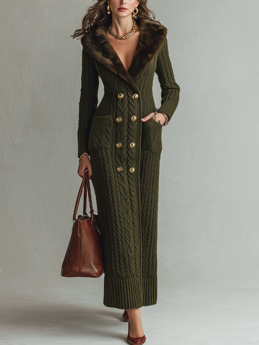 Women's Cable Knit Faux Fur Collar Maxi Dress - Green