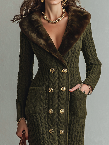 Women's Cable Knit Faux Fur Collar Maxi Dress - Green