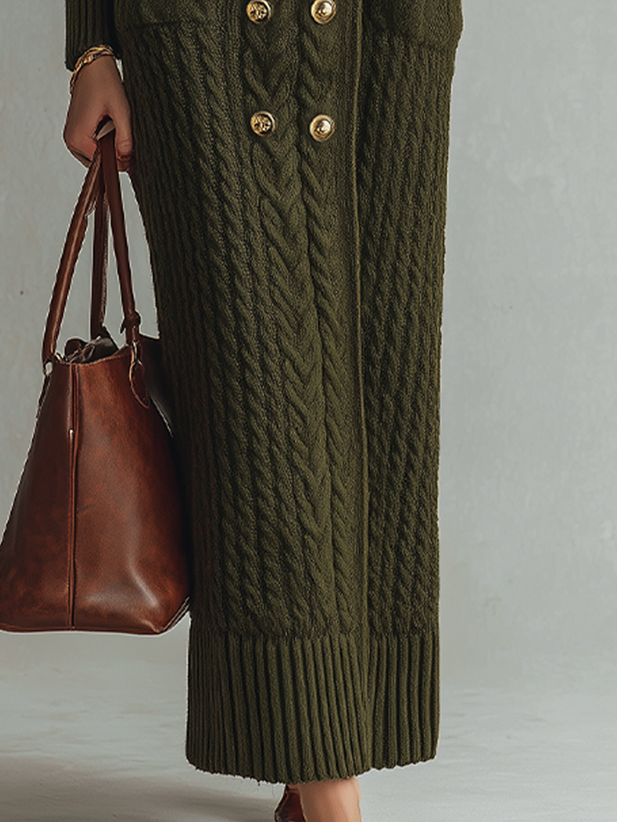 Women's Cable Knit Faux Fur Collar Maxi Dress - Green
