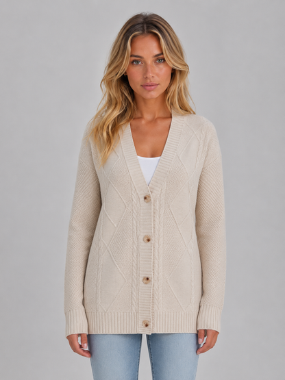 Women's Cable Knit V-Neck Cardigan - Beige
