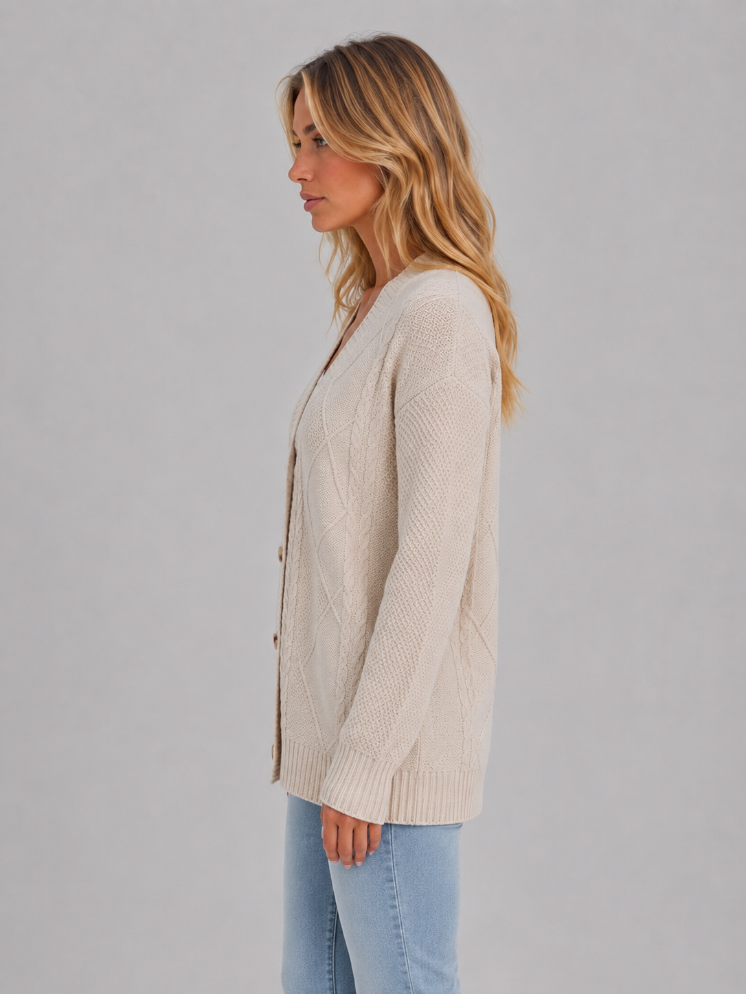 Women's Cable Knit V-Neck Cardigan - Beige