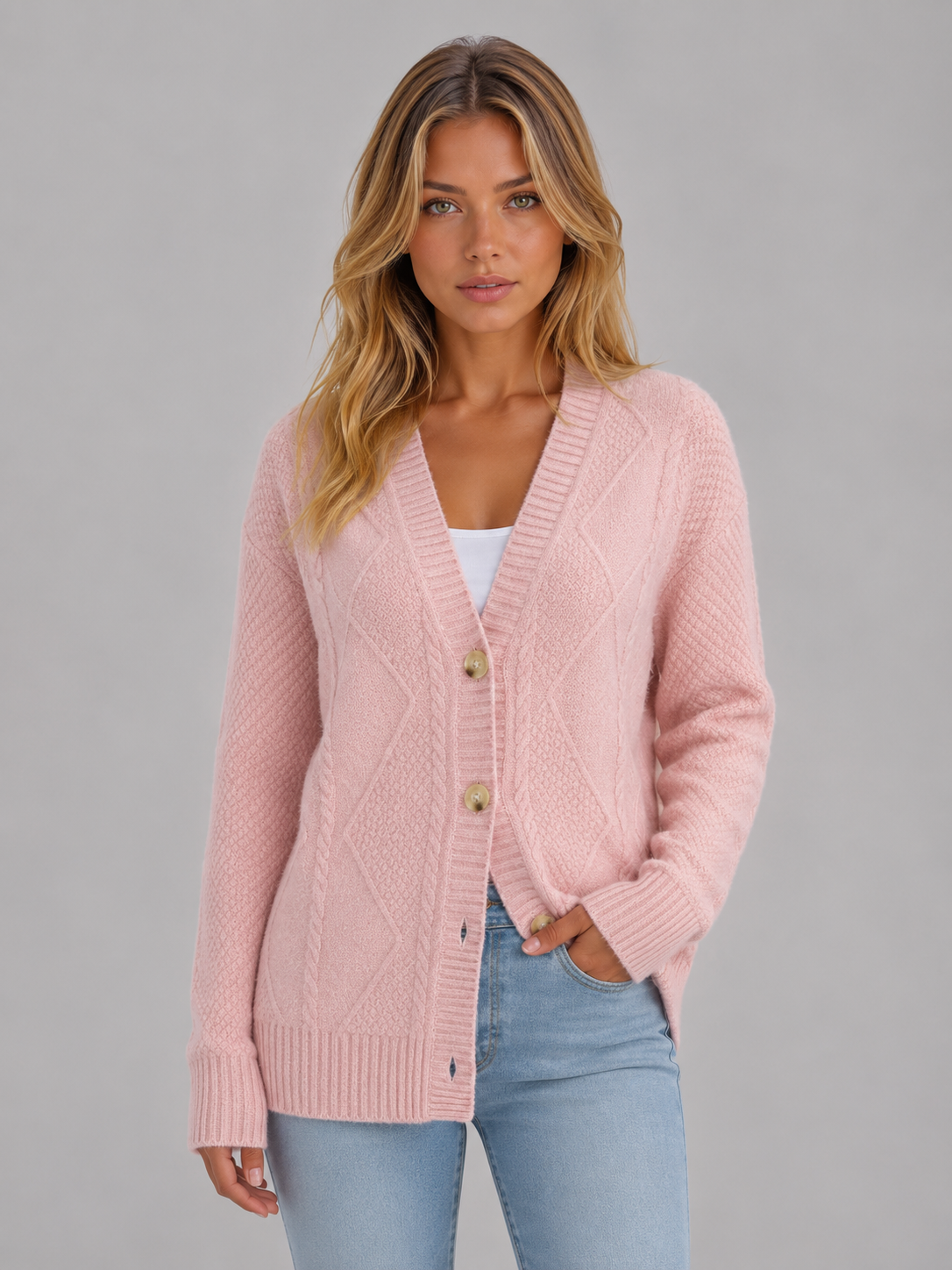 Women's Cable Knit V-Neck Cardigan - Pink