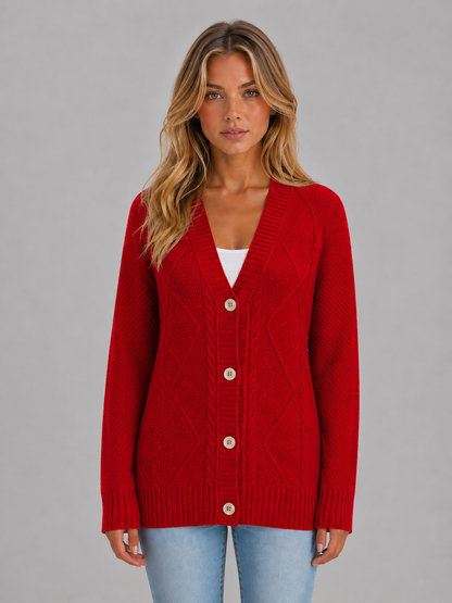Women's Cable Knit V-Neck Cardigan - Red