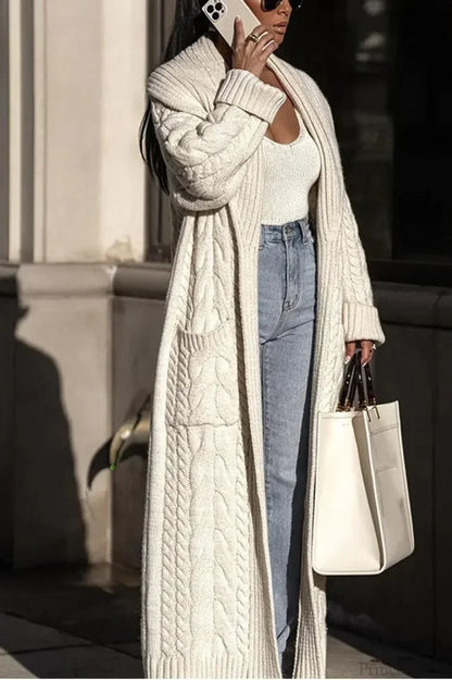 Women's Cable-Textured Wool Long Duster Cardigan - Ivory