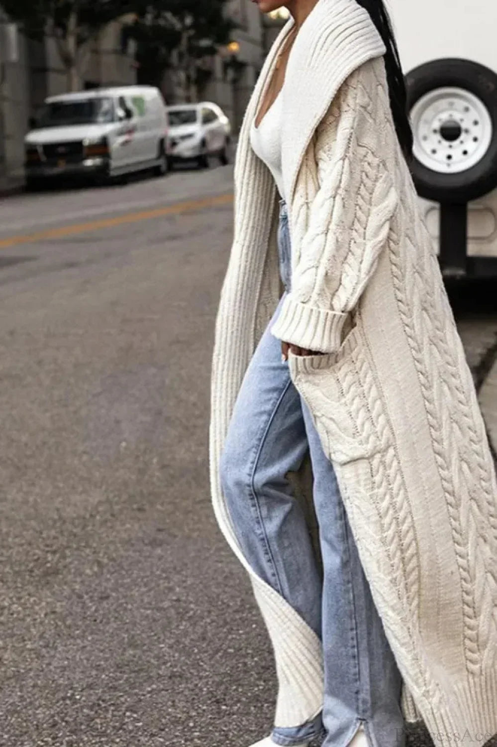 Women's Cable-Textured Wool Long Duster Cardigan - Ivory