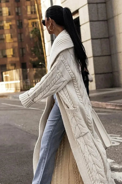 Women's Cable-Textured Wool Long Duster Cardigan - Ivory