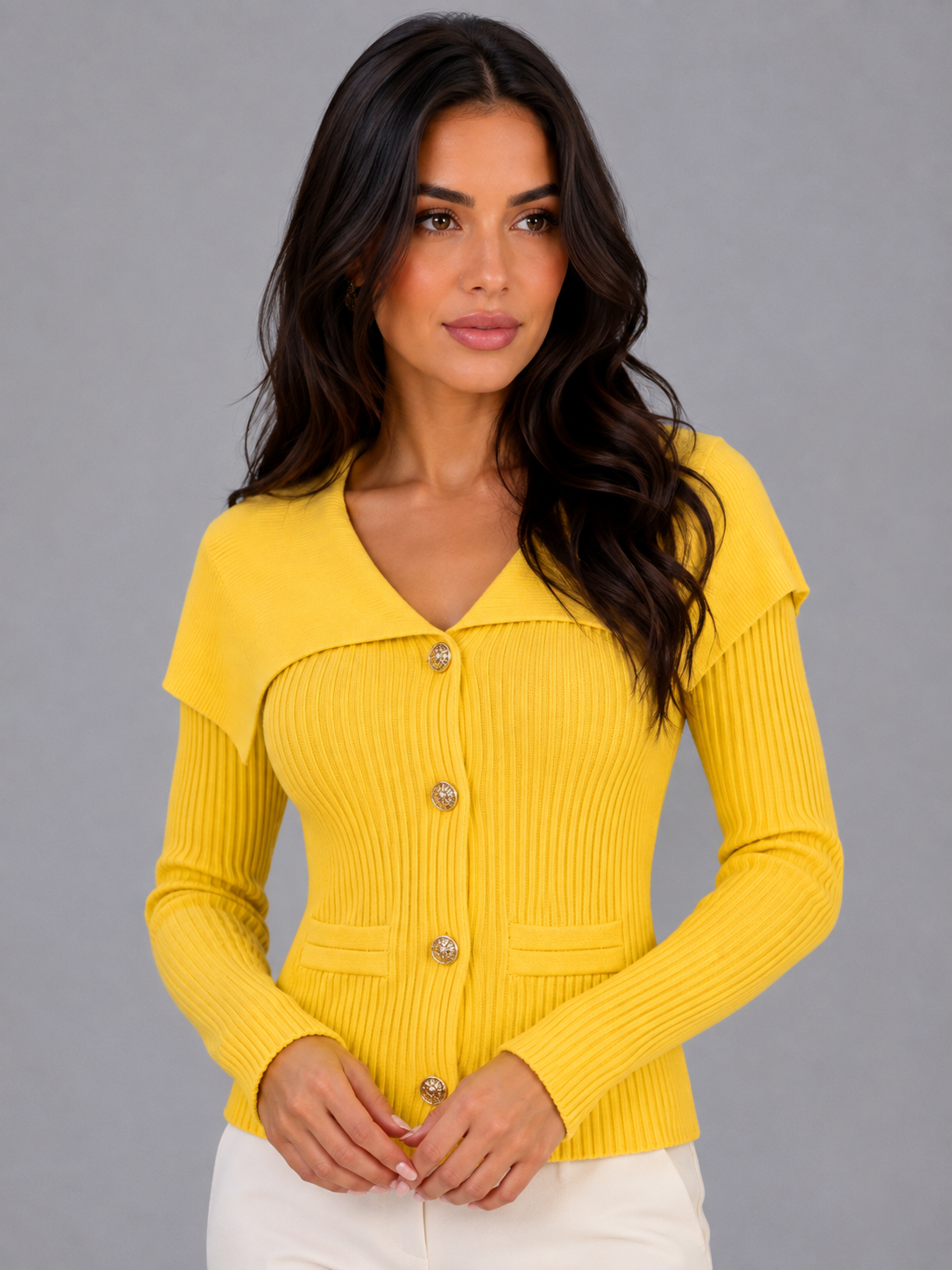 Women's Cape Collar Button-Front Cardigan - Yellow