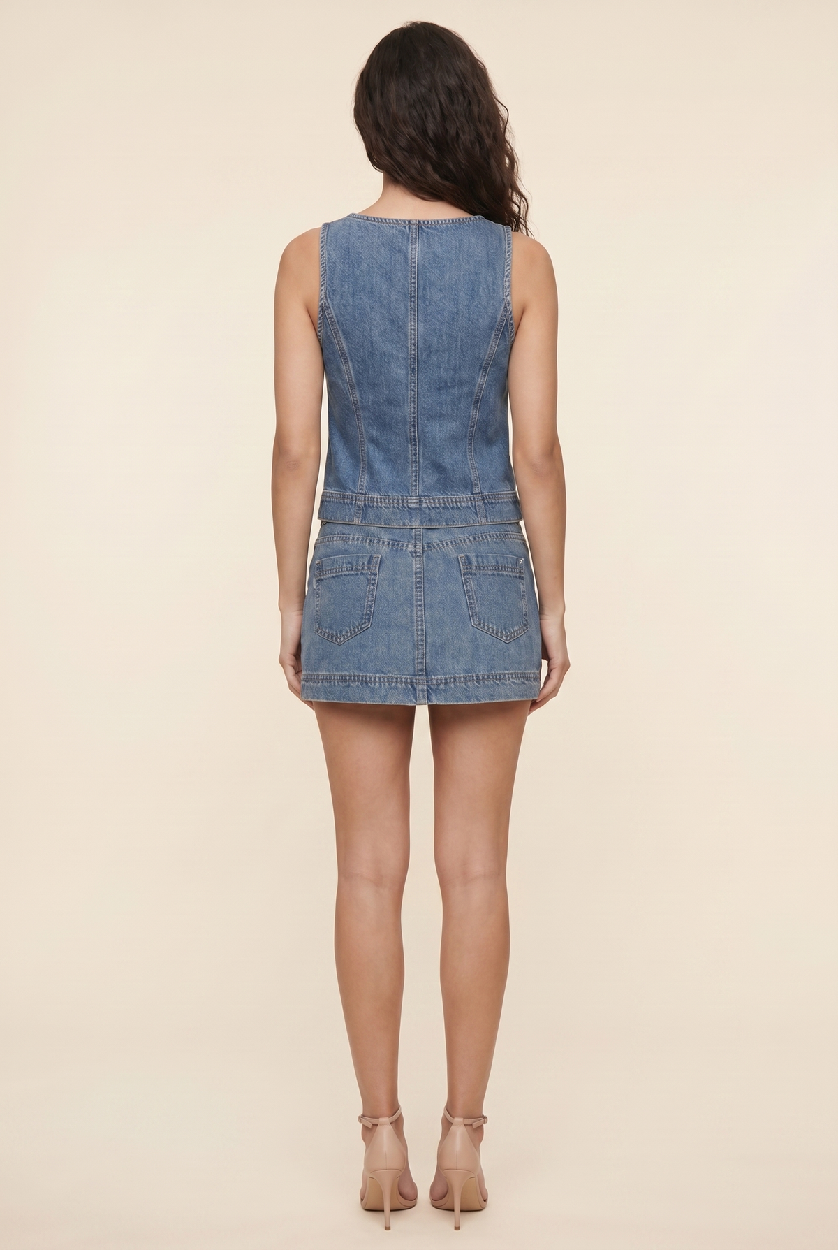 Women's Casual Lace-Up Denim Two-Piece Set - Medium Blue Denim