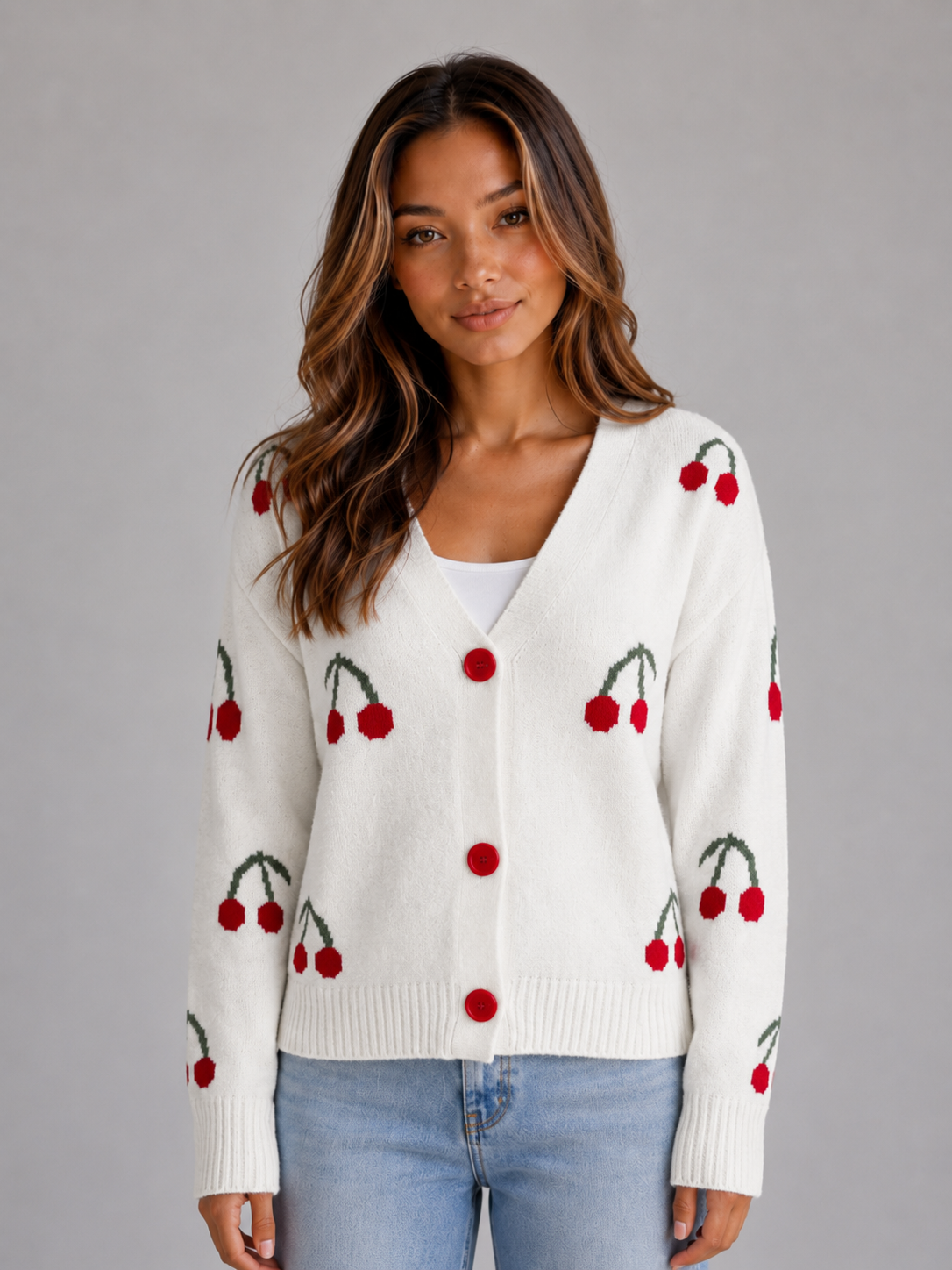Women's Cherry Print Button Front Cardigan - Ivory