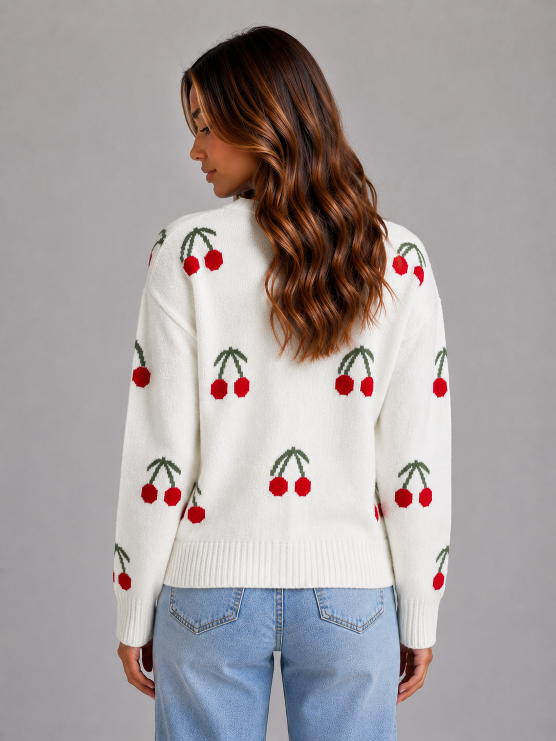Women's Cherry Print Button Front Cardigan - Ivory