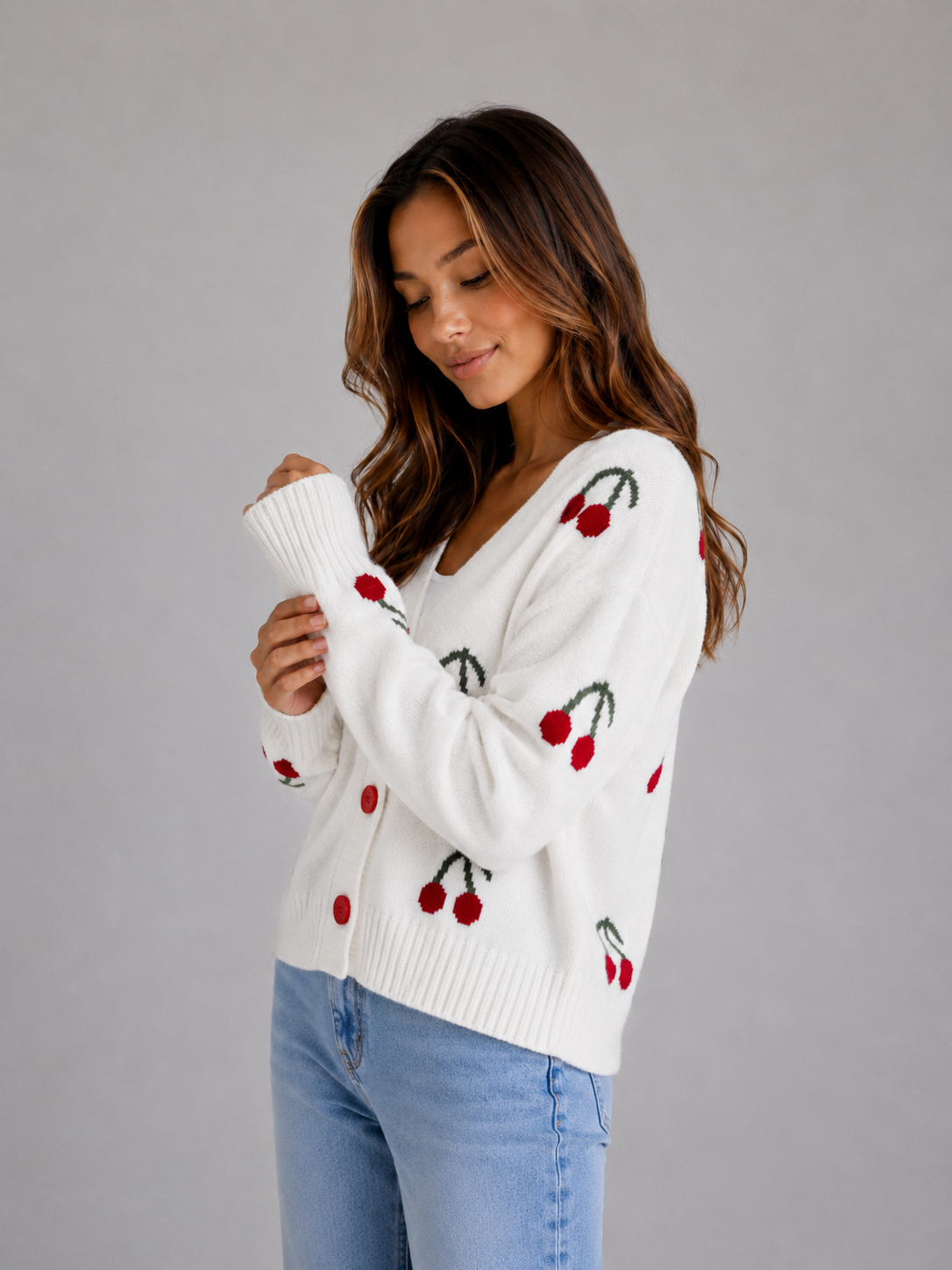 Women's Cherry Print Button Front Cardigan - Ivory