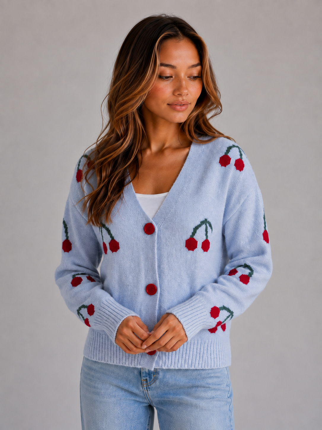 Women's Cherry Print Button Front Cardigan - Light Blue