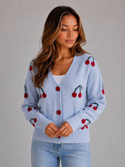 Women's Cherry Print Button Front Cardigan - Light Blue