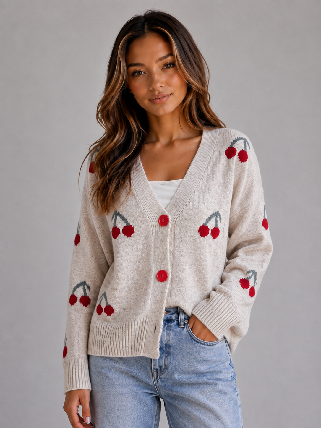 Women's Cherry Print Button Front Cardigan - Oatmeal
