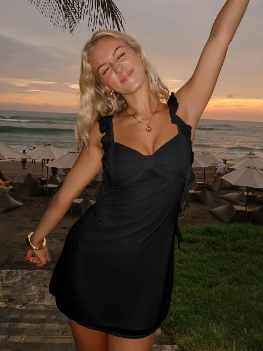 Women's Chiffon Ruffle Strap Mini Dress - Black