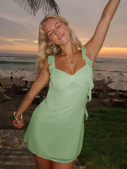 Women's Chiffon Ruffle Strap Mini Dress - Sage Green