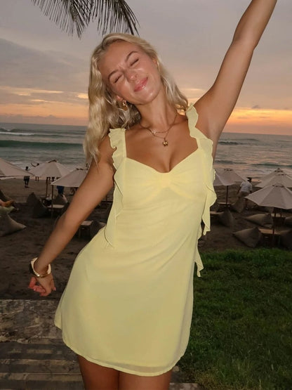 Women's Chiffon Ruffle Strap Mini Dress - Yellow