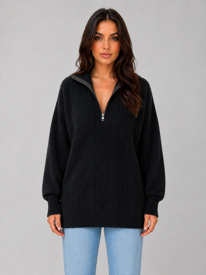 Women's Chunky Half-Zip Cable Knit Sweater - Black