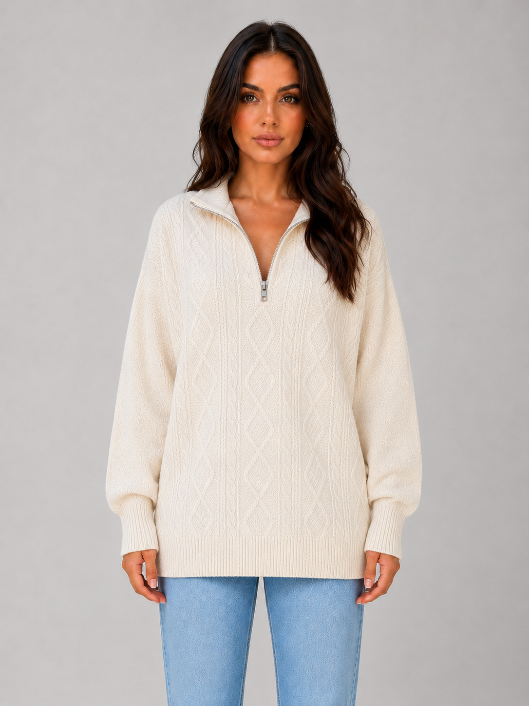 Women's Chunky Half-Zip Cable Knit Sweater - Cream