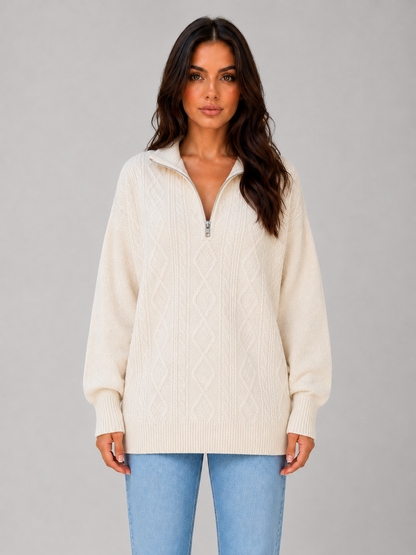 Women's Chunky Half-Zip Cable Knit Sweater - Cream