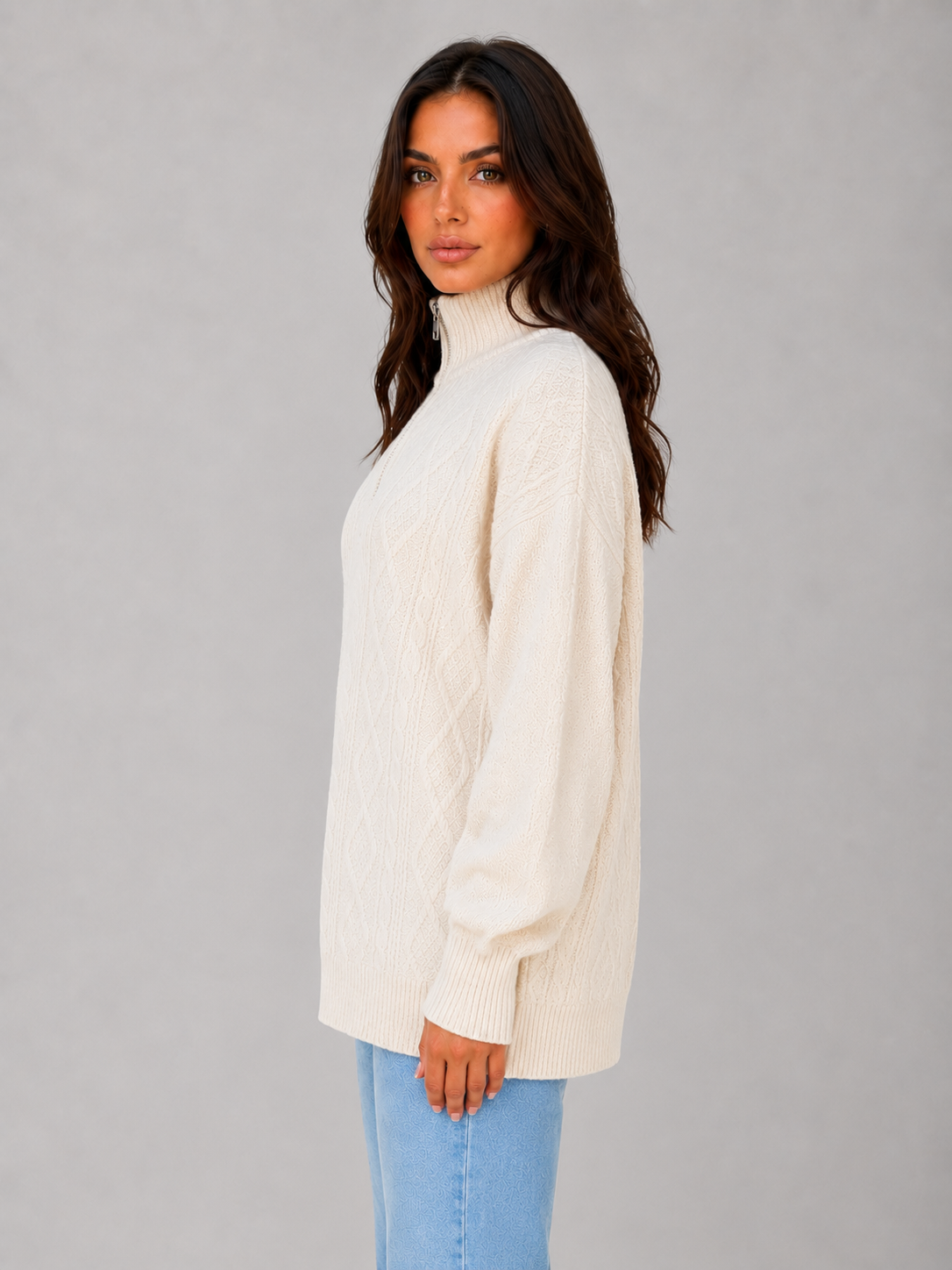 Women's Chunky Half-Zip Cable Knit Sweater - Cream