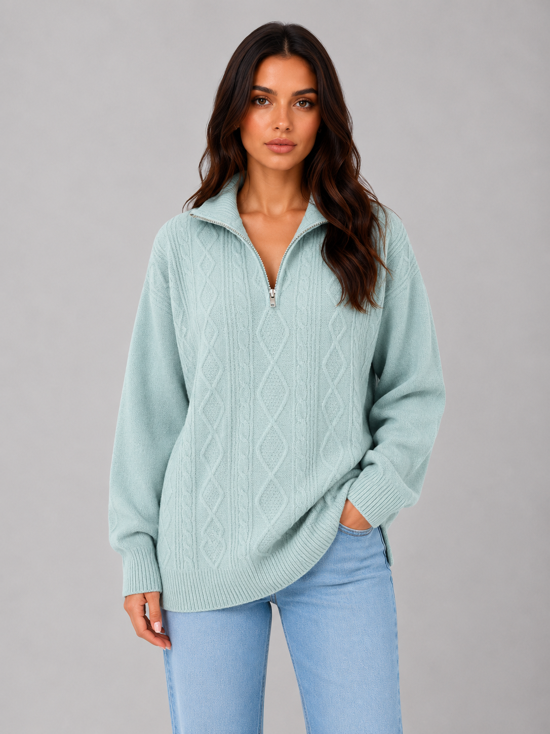 Women's Chunky Half-Zip Cable Knit Sweater - Mint Green