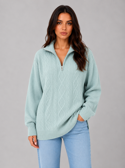 Women's Chunky Half-Zip Cable Knit Sweater - Mint Green