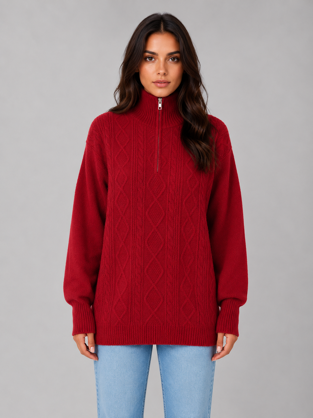 Women's Chunky Half-Zip Cable Knit Sweater - Red