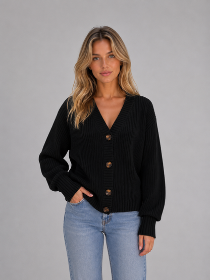 Women's Chunky Ribbed V-Neck Button Cardigan - Black