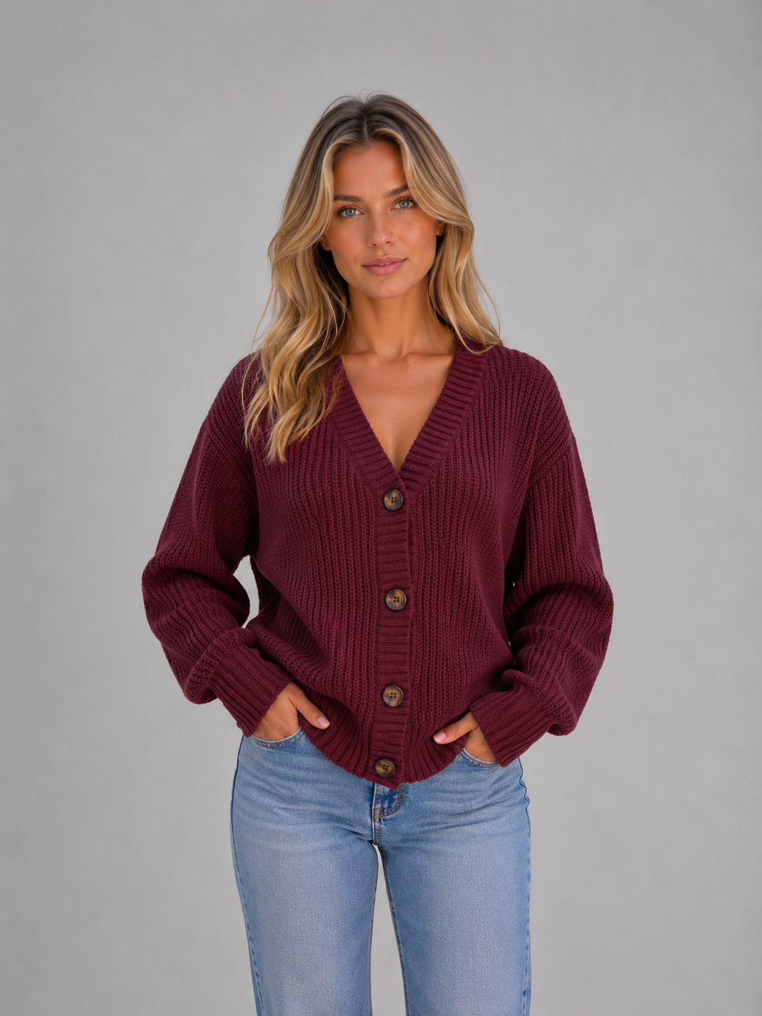 Women's Chunky Ribbed V-Neck Button Cardigan - Bordeaux