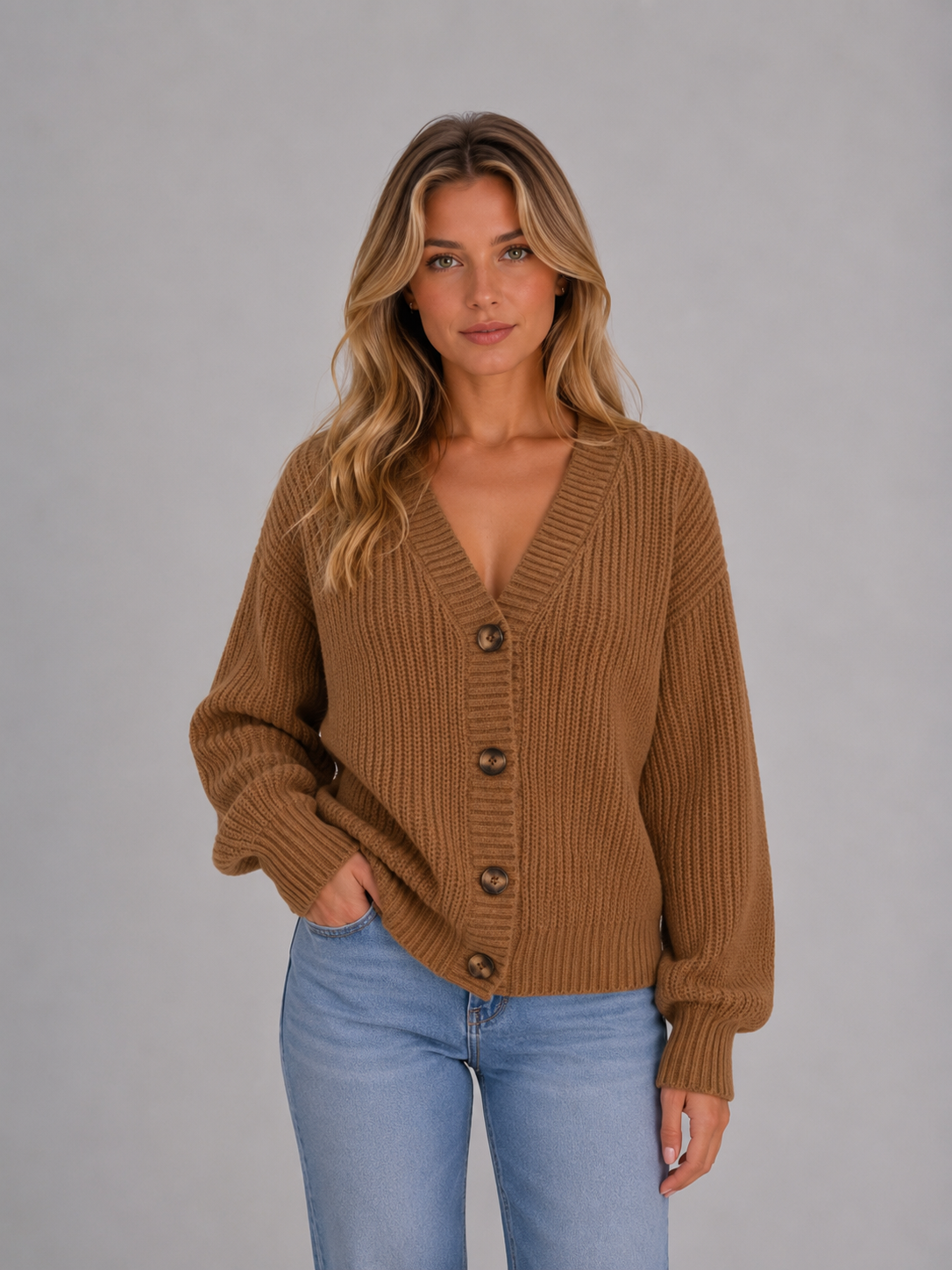 Women's Chunky Ribbed V-Neck Button Cardigan - Camel