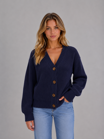 Women's Chunky Ribbed V-Neck Button Cardigan - Navy