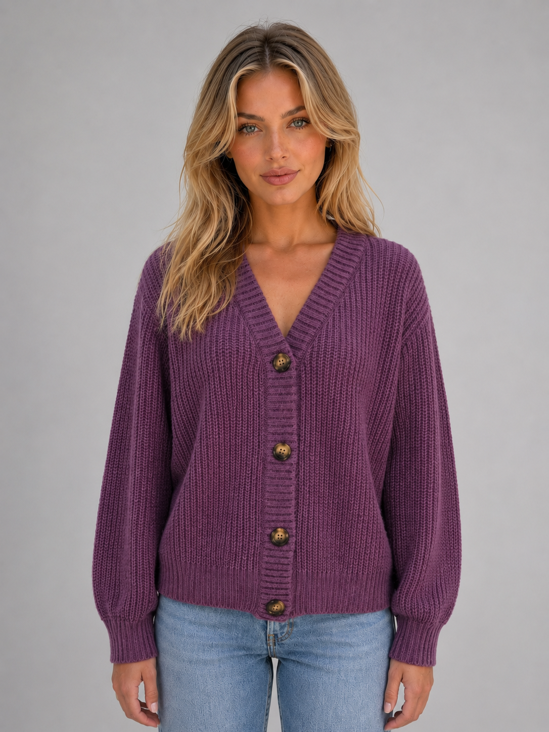 Women's Chunky Ribbed V-Neck Button Cardigan - Purple