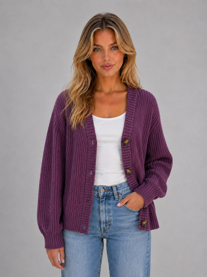 Women's Chunky Ribbed V-Neck Button Cardigan - Purple