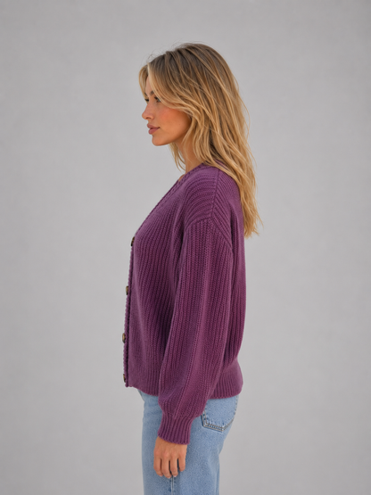 Women's Chunky Ribbed V-Neck Button Cardigan - Purple