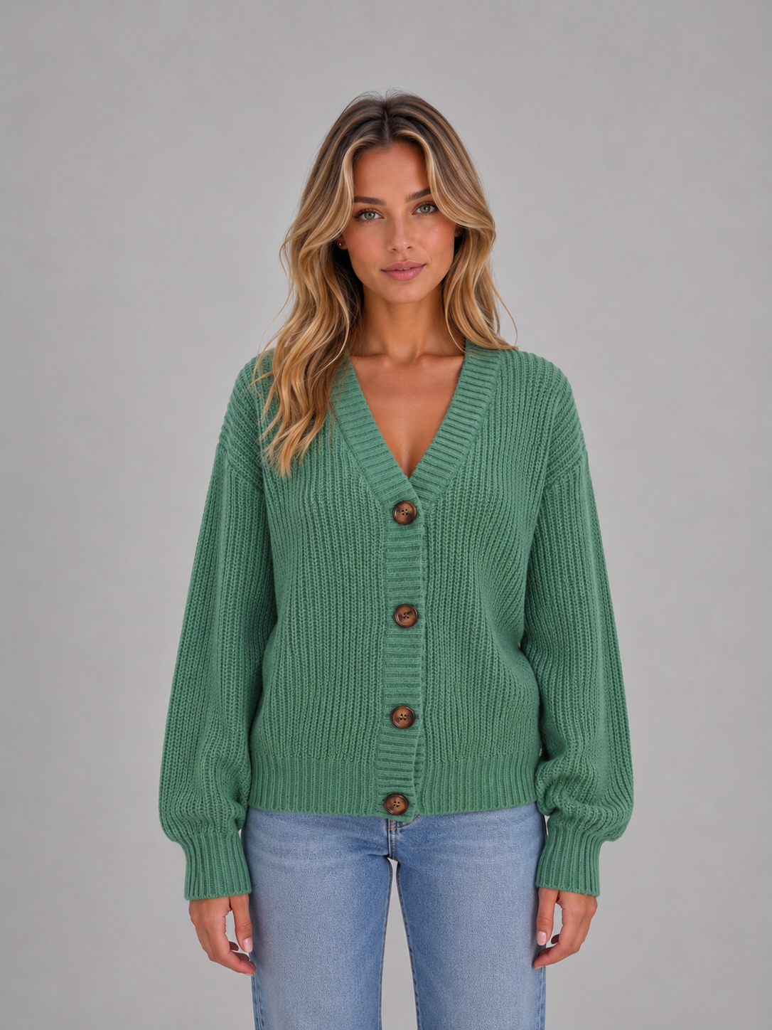 Women's Chunky Ribbed V-Neck Button Cardigan - Sage