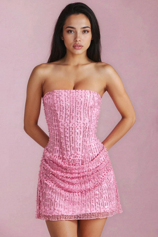 Women's Cocktail Strapless Corset Glitter Mini Dress - Pink
