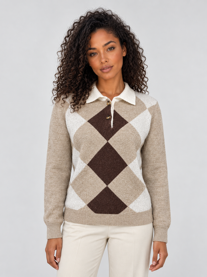 Women's Collared Argyle Button Neck Knit Sweater - Beige