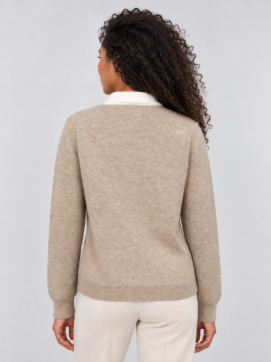 Women's Collared Argyle Button Neck Knit Sweater - Beige