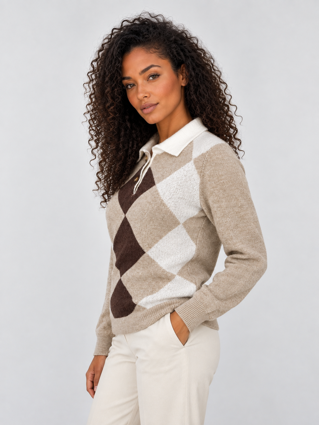 Women's Collared Argyle Button Neck Knit Sweater - Beige