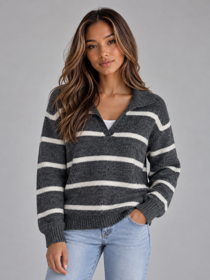 Women's Collared Striped Alpaca Wool V-Neck Knit Sweater - Dark Gray