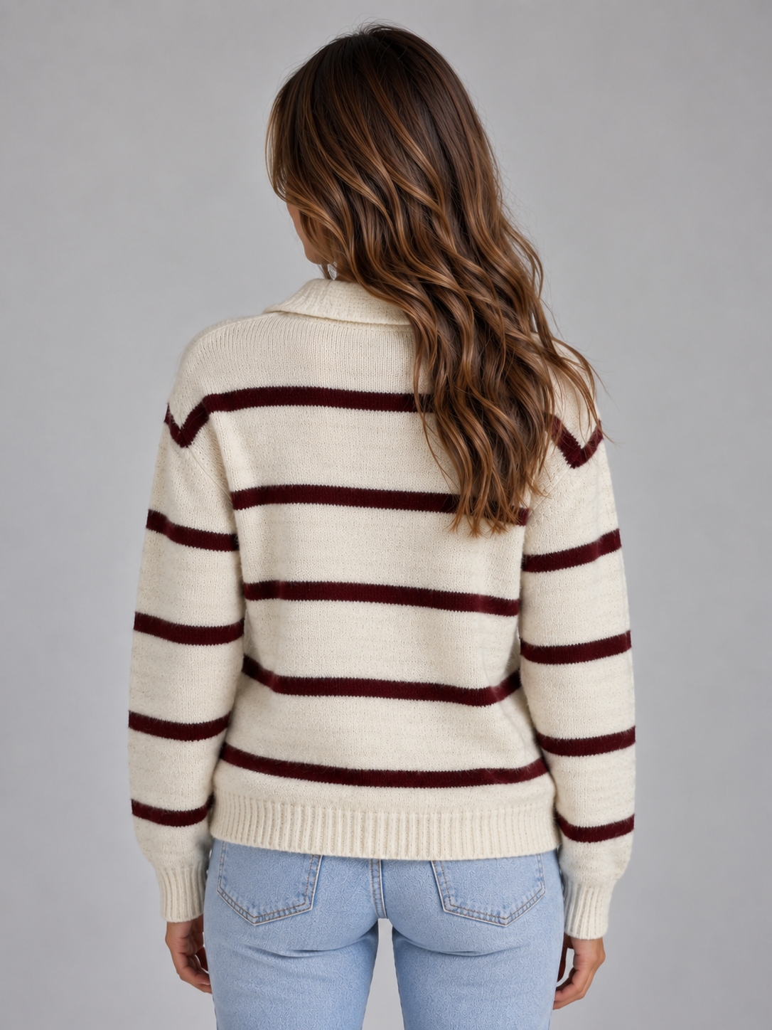 Women's Collared Striped Alpaca Wool V-Neck Knit Sweater - Ivory and Burgundy Stripe