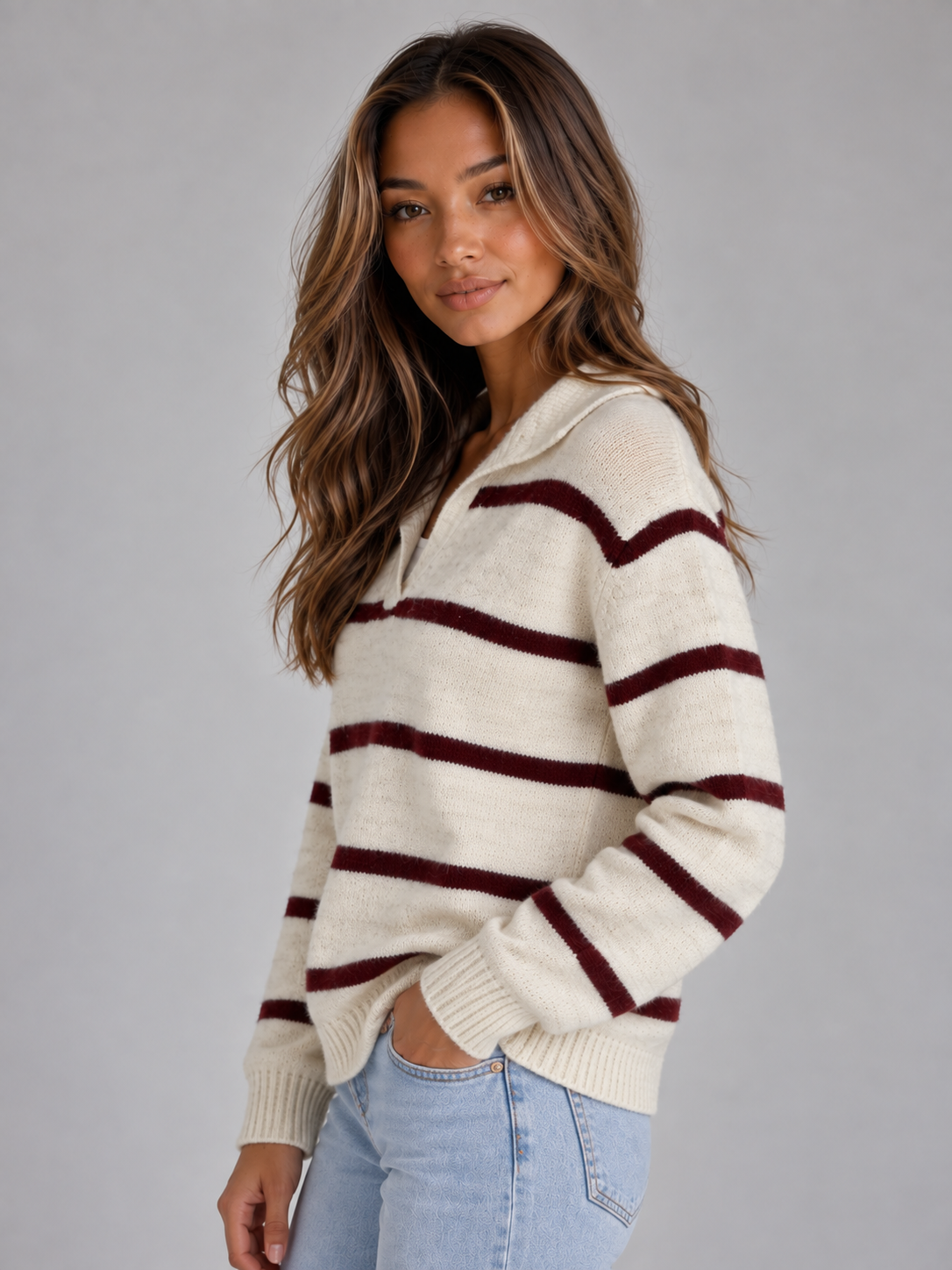 Women's Collared Striped Alpaca Wool V-Neck Knit Sweater - Ivory and Burgundy Stripe