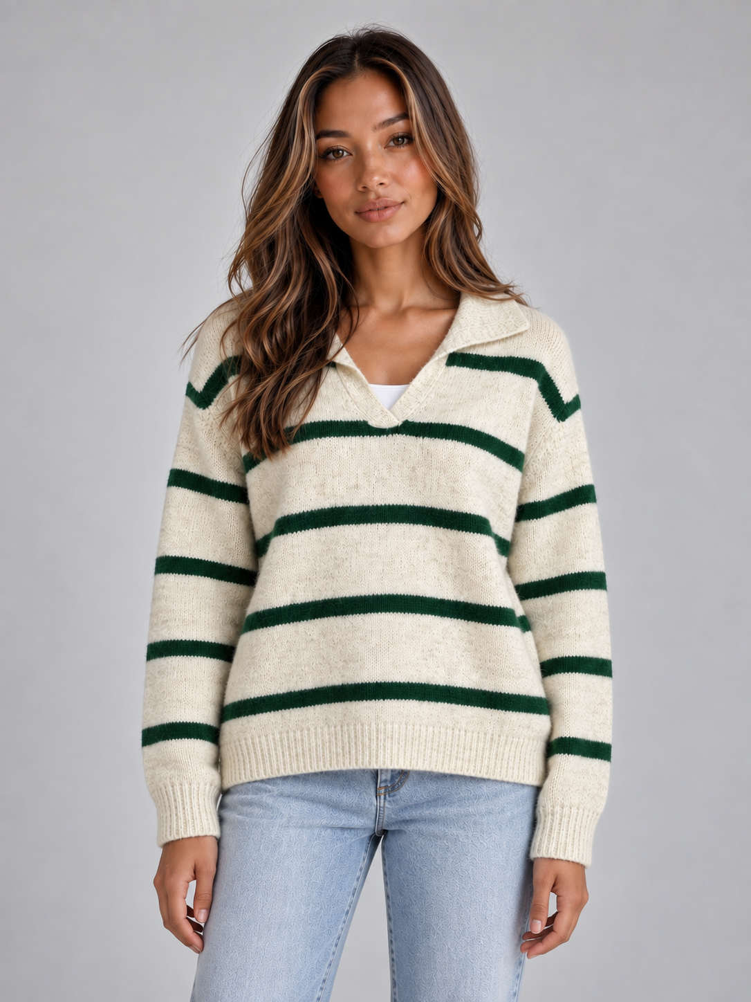 Women's Collared Striped Alpaca Wool V-Neck Knit Sweater - Ivory and Green Stripe