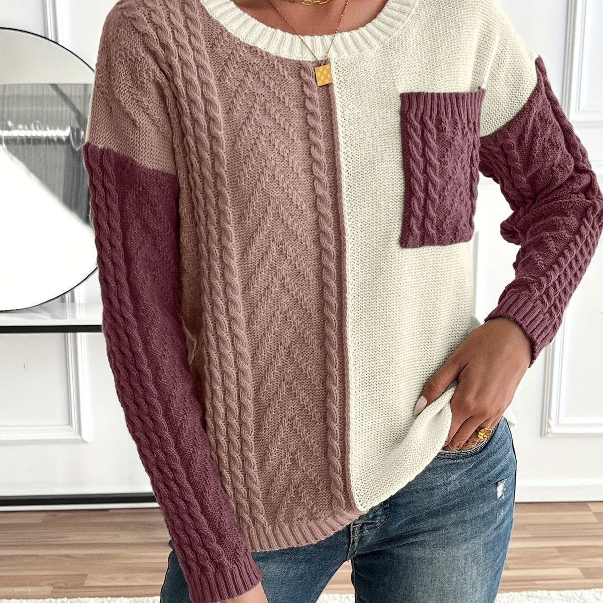 Women's Colorblock Cable Knit Sweater - Burgundy Colorblock