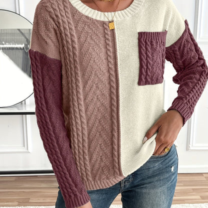 Women's Colorblock Cable Knit Sweater - Burgundy Colorblock