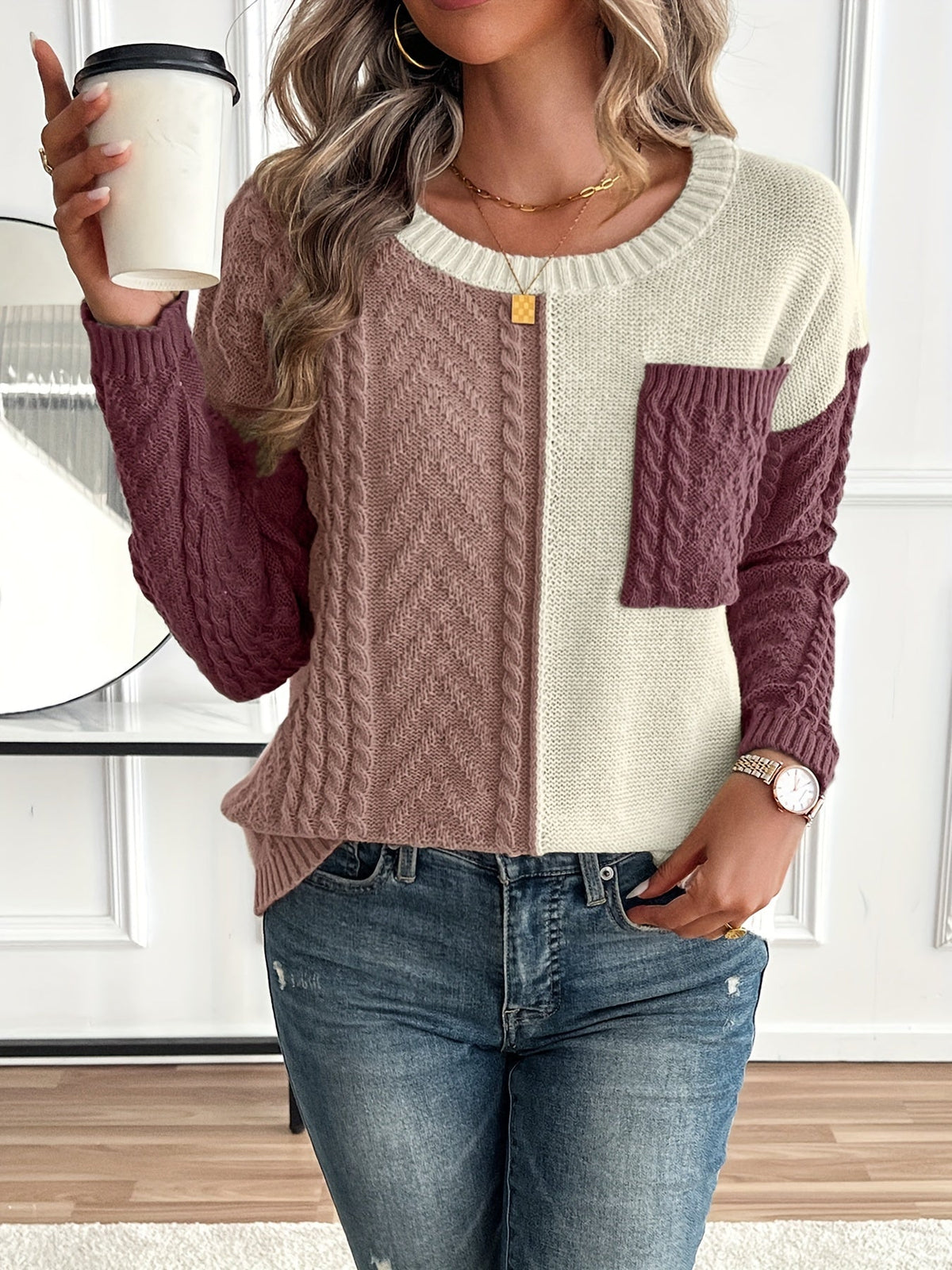Women's Colorblock Cable Knit Sweater - Burgundy Colorblock