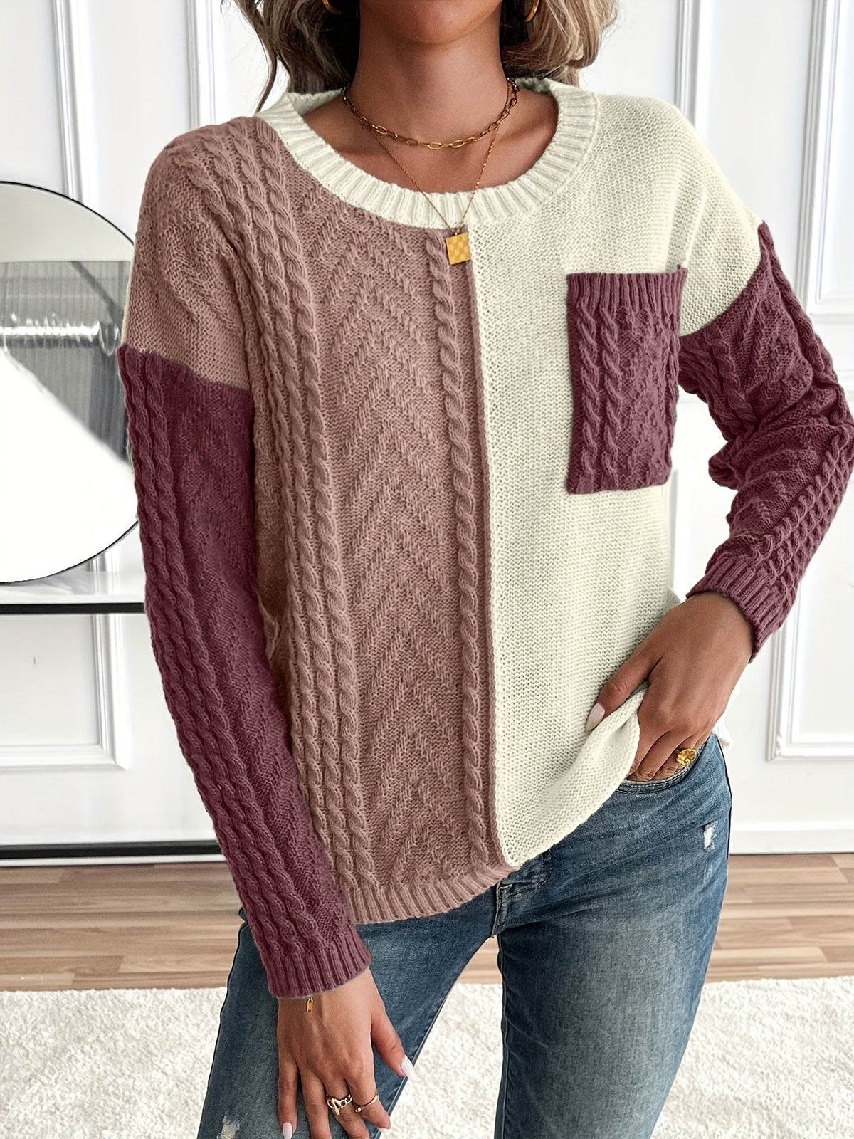 Women's Colorblock Cable Knit Sweater - Burgundy Colorblock