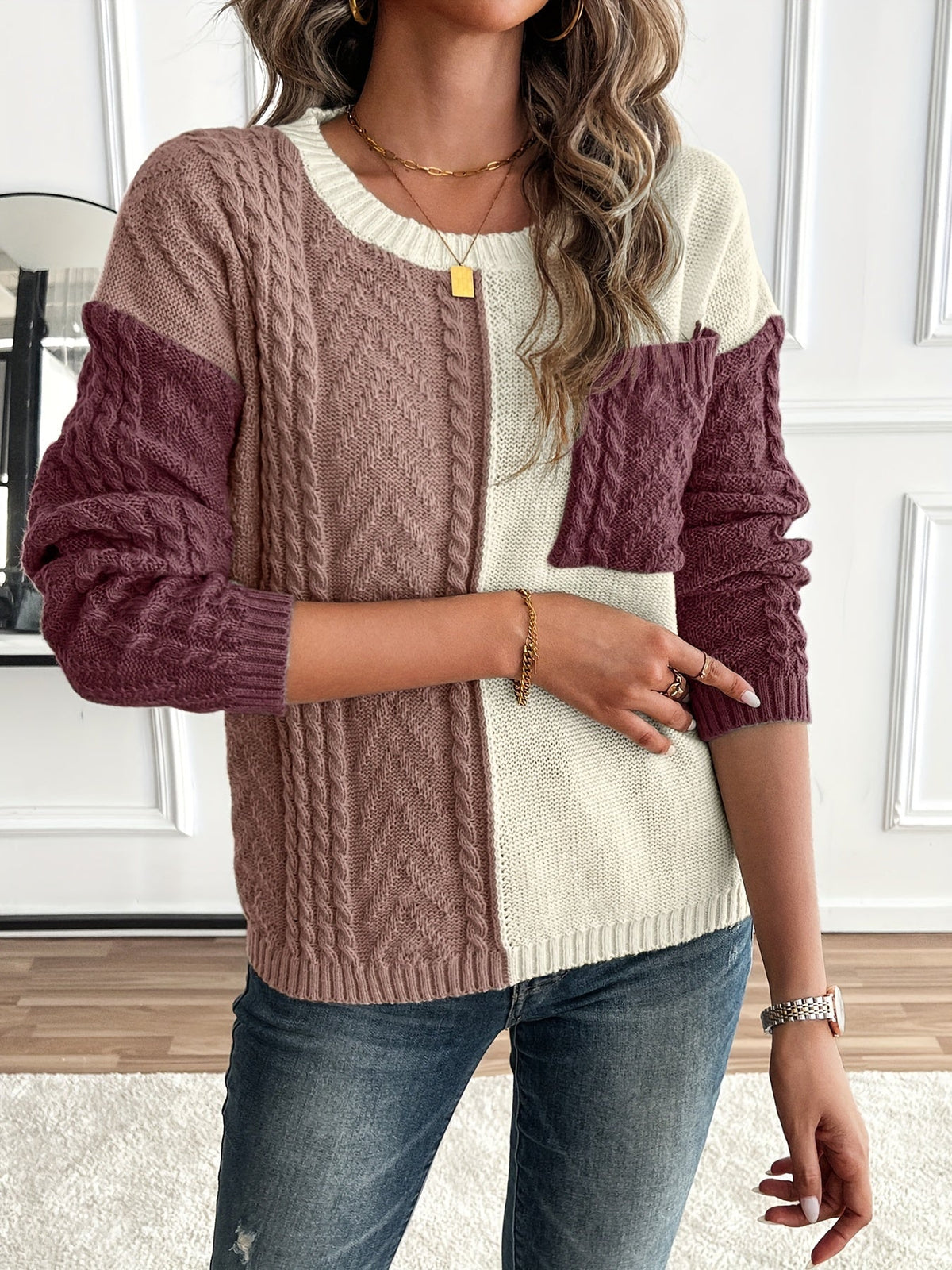 Women's Colorblock Cable Knit Sweater - Burgundy Colorblock